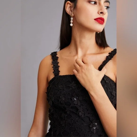 Anthropologie Pankaj & Nidhi Black Floral Appliqué Lace Mini Dress Size XS - Picture 3 of 7